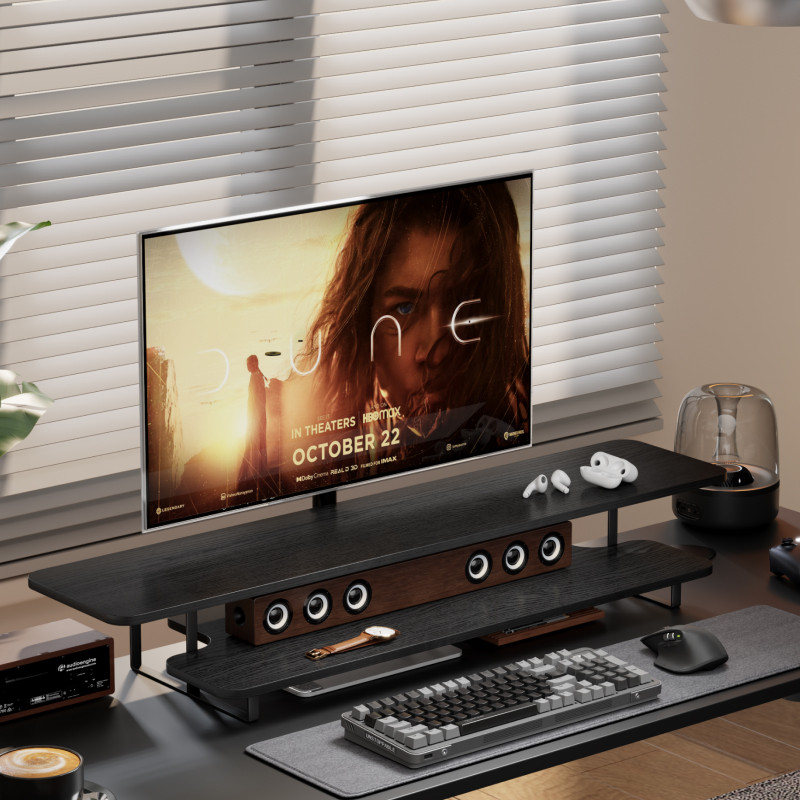 Desk Setup With Laptop And Monitor - حامل شاشة بتشطيب خشب الجوز، منظم