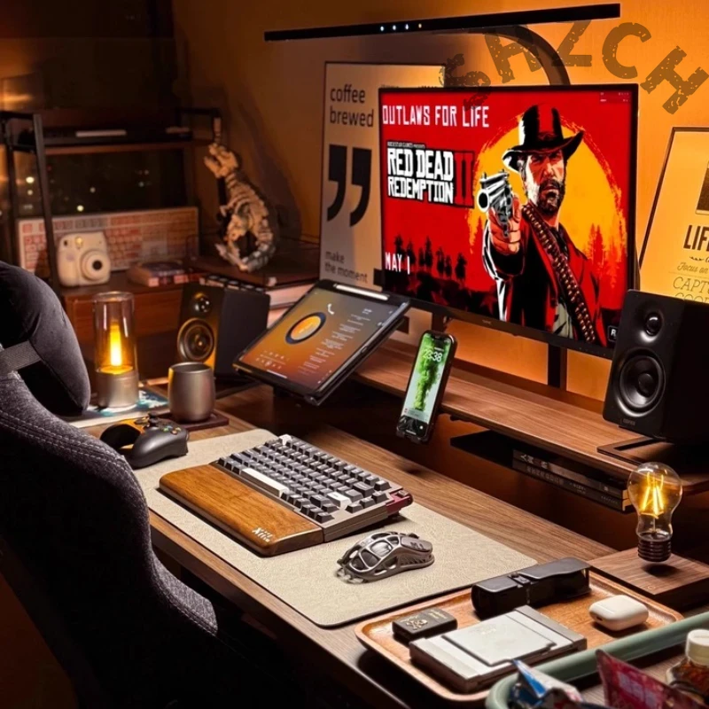 Desk Setup With Laptop And Monitor - حامل شاشة معياري من خشب الجوز